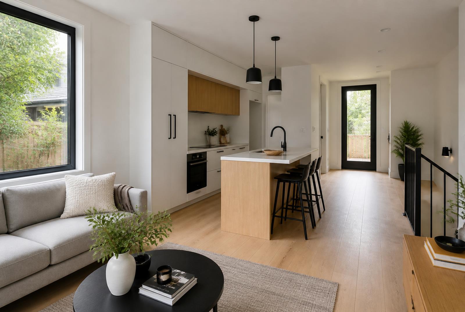 Finished laneway suite interior with open kitchen and living area