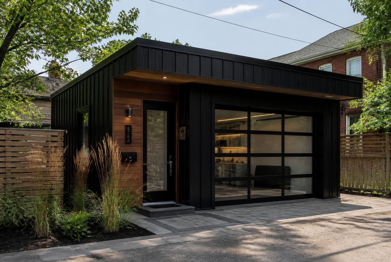 Compact laneway suite exterior with interlocking stone entry
