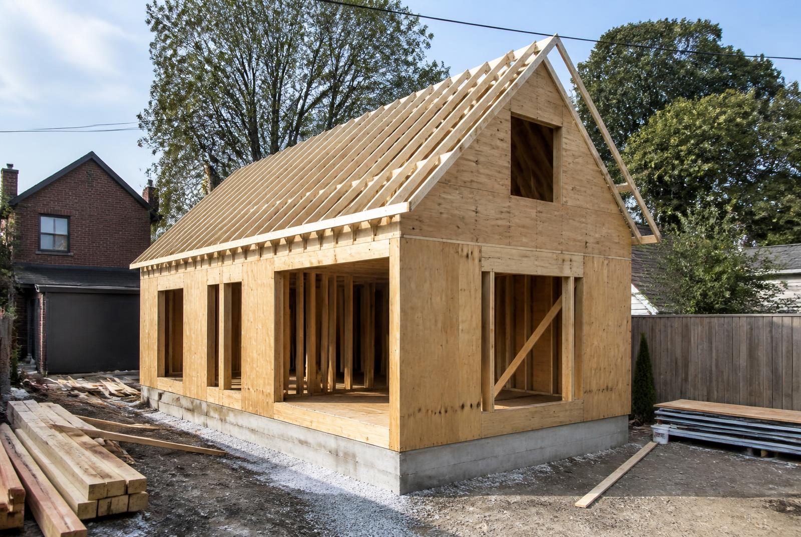 Laneway house framing and roof structure under construction